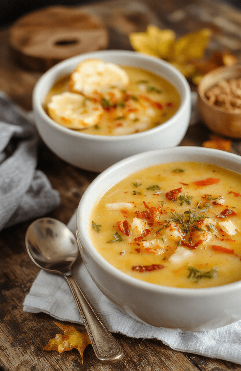 A warm bowl of wild rice soup topped with fresh herbs, surrounded by seasonal vegetables on a rustic wooden table, with soft natural daylight highlighting the creamy texture and vibrant colors of the ingredients.