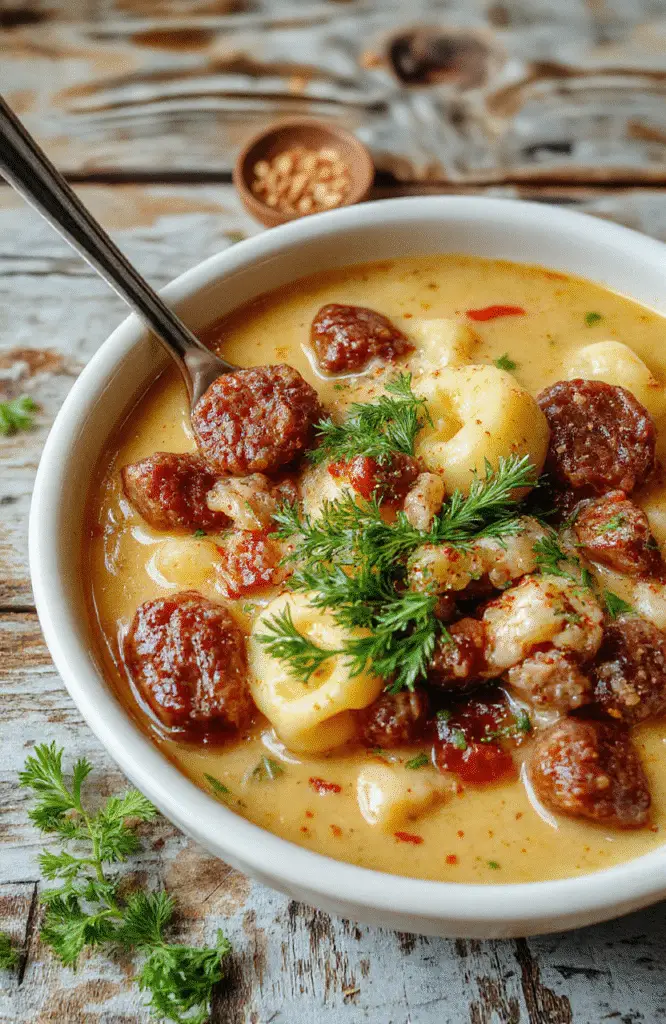 A bowl of cozy sausage and tortellini soup featuring a creamy broth with sliced sausage, tender tortellini, fresh herbs, and vegetables, arranged on a rustic wooden table with a spoon and a side of crusty bread, vibrant colors, inviting and warm ambiance.
