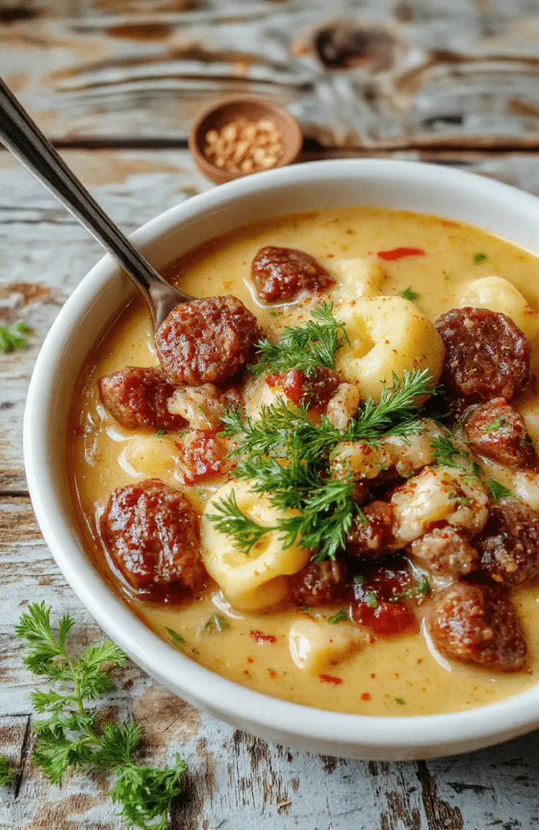 A bowl of cozy sausage and tortellini soup featuring a creamy broth with sliced sausage, tender tortellini, fresh herbs, and vegetables, arranged on a rustic wooden table with a spoon and a side of crusty bread, vibrant colors, inviting and warm ambiance.