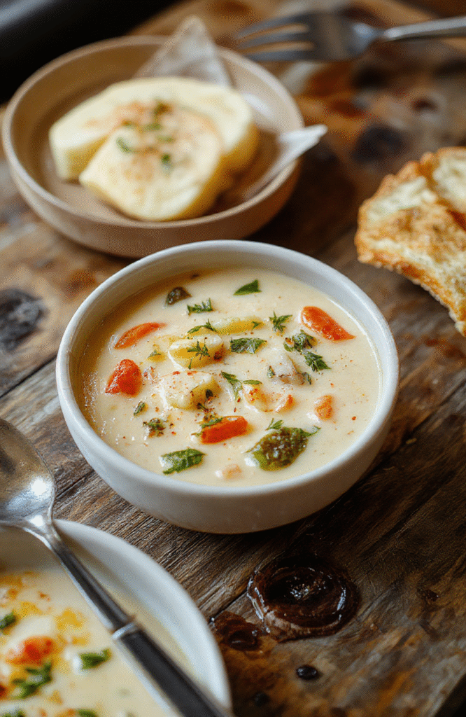 A vibrant bowl of creamy vegetable soup with colorful chopped vegetables, topped with fresh herbs, served in a rustic white bowl on a wooden surface, styled casually with a spoon and a cloth napkin, conveying warmth and comfort.