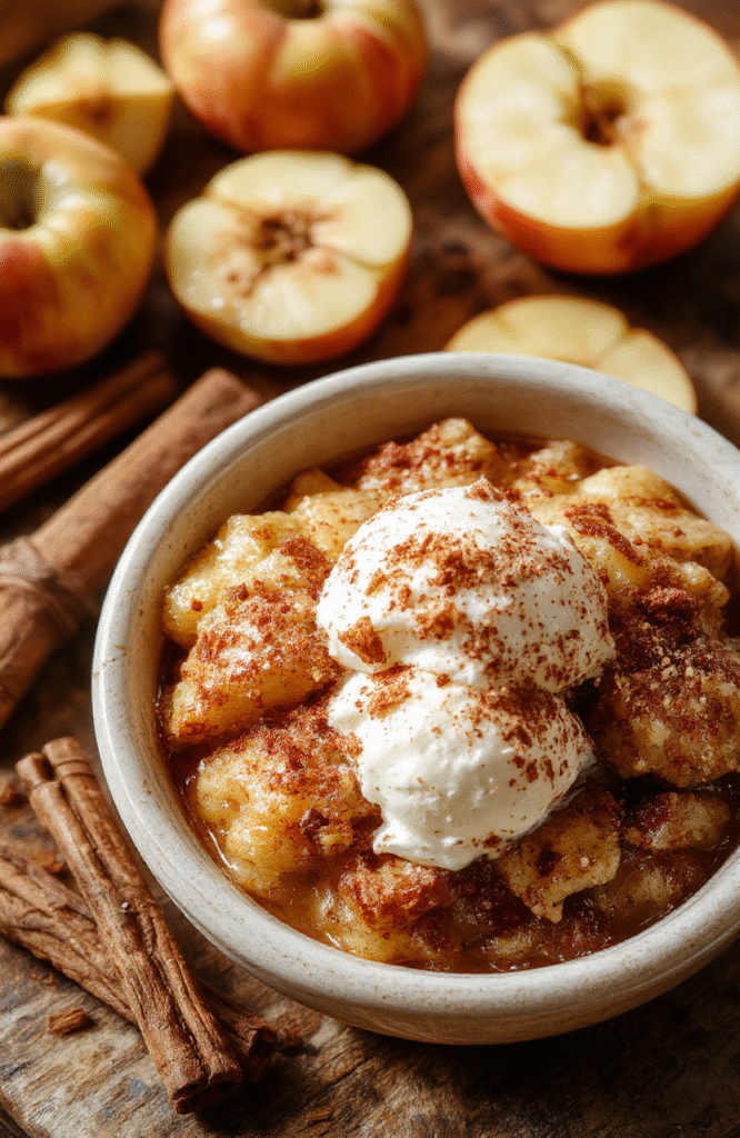 A golden-brown apple crisp served in a rustic white bowl, topped with a sprinkle of cinnamon and a scoop of vanilla ice cream on the side, surrounded by sliced fresh apples and cinnamon sticks, set on a wooden table with warm natural lighting.