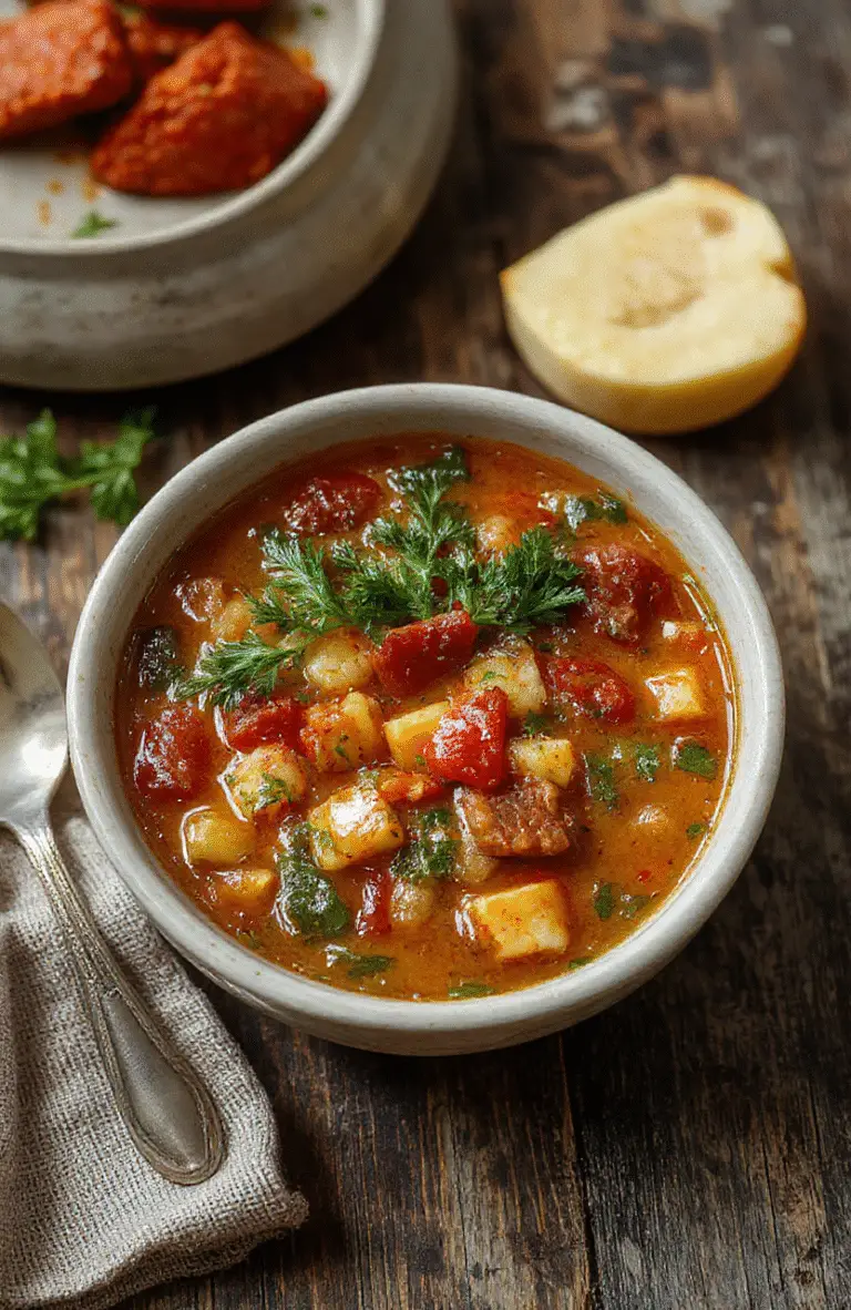 A rustic bowl of vibrant minestrone soup filled with colorful vegetables, beans, and pasta, garnished with fresh herbs, styled on a wooden table with a warm, inviting atmosphere.