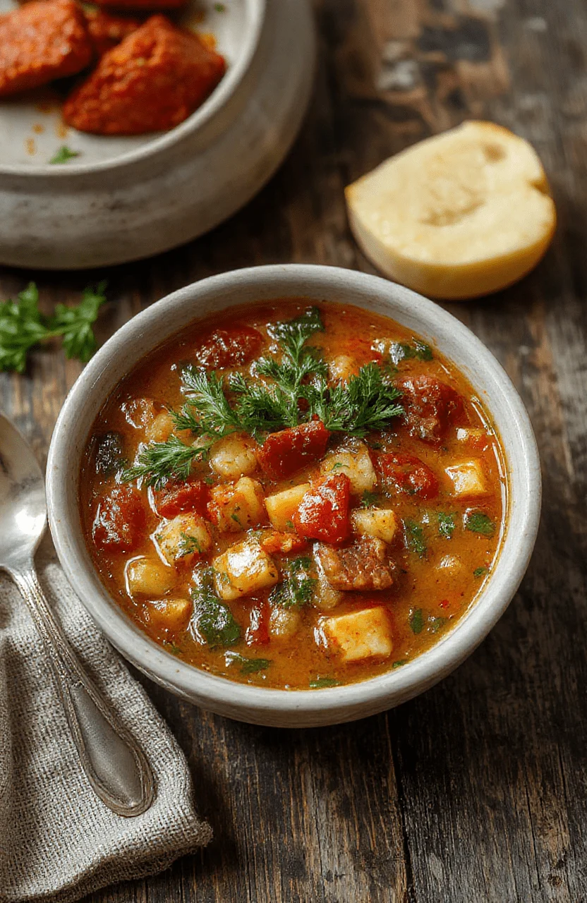 A rustic bowl of vibrant minestrone soup filled with colorful vegetables, beans, and pasta, garnished with fresh herbs, styled on a wooden table with a warm, inviting atmosphere.
