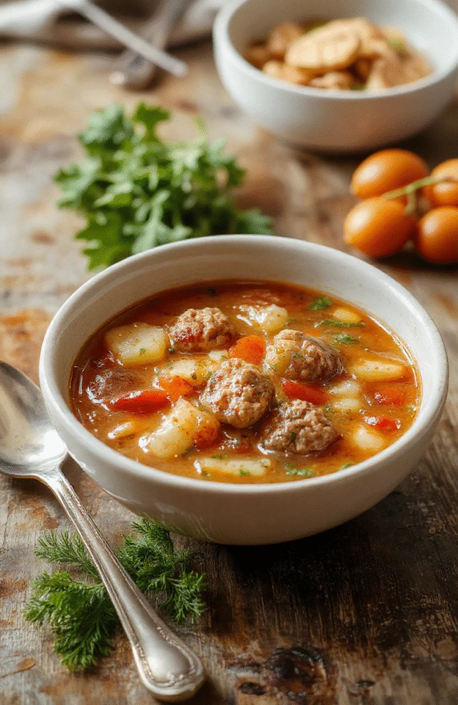 A colorful bowl of hearty Italian meatball soup featuring round meatballs, vibrant vegetables, and herbs in a clear broth, plated on a rustic wooden surface with fresh ingredients around, textures of tender meatballs and crunchy vegetables showcased clearly.