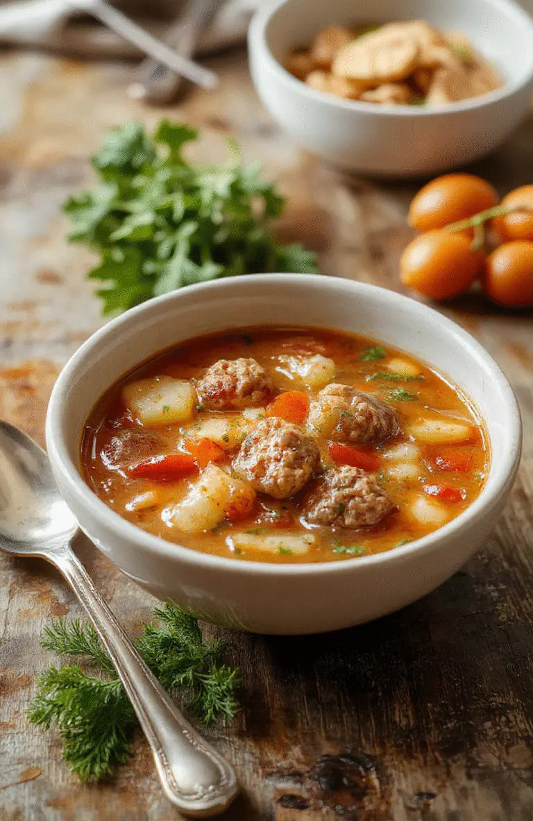 A colorful bowl of hearty Italian meatball soup featuring round meatballs, vibrant vegetables, and herbs in a clear broth, plated on a rustic wooden surface with fresh ingredients around, textures of tender meatballs and crunchy vegetables showcased clearly.
