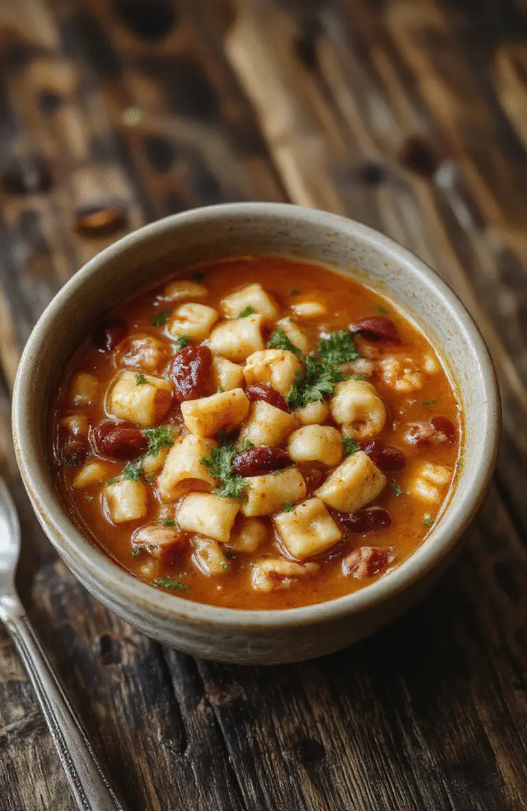 A warm bowl of Pasta Fagioli soup with visible beans, small pasta, and garnished with fresh herbs on a rustic wooden table, with a spoon placed beside it, vibrant colors, inviting and cozy atmosphere.