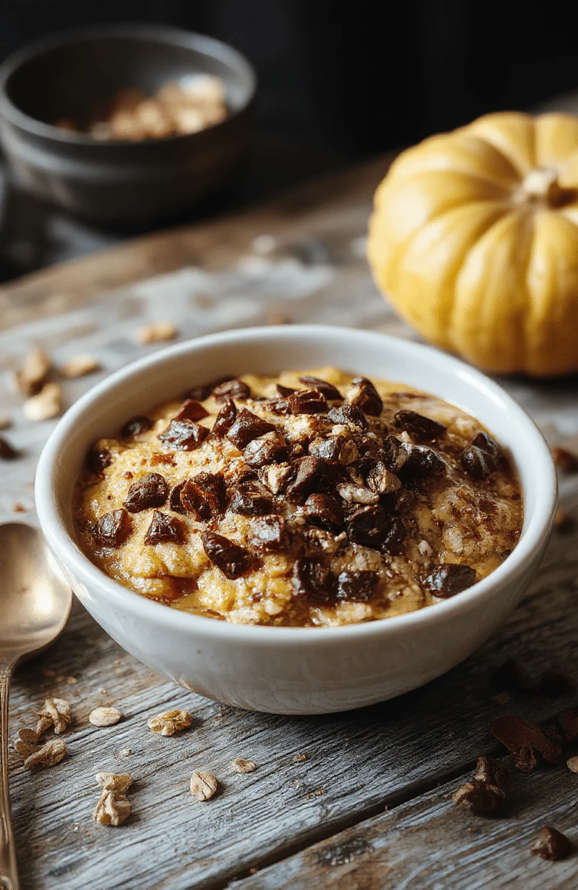 A warm, inviting bowl of baked pumpkin oatmeal topped with a sprinkle of cinnamon and a drizzle of honey, surrounded by fresh pumpkin slices and autumn leaves, styled on a rustic wooden table, with soft natural daylight emphasizing the textured oats and vibrant orange pumpkin.