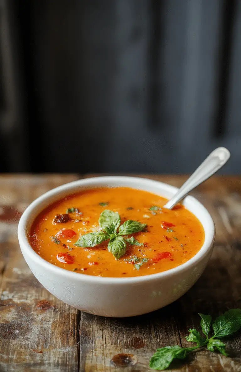 Vibrant red roasted tomato basil soup served in a rustic white bowl, garnished with fresh basil leaves, with a drizzle of olive oil and freshly cracked black pepper, styled on a wooden table with a soft-focus background highlighting the rich textures and fresh ingredients