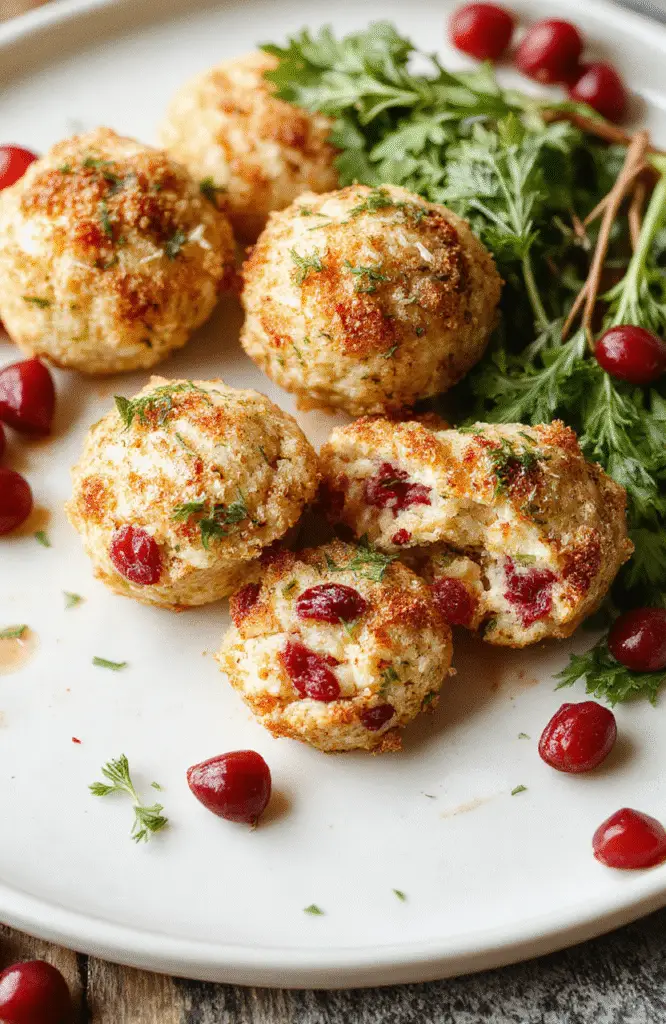 Colorful cranberry turkey stuffing balls plated on a rustic white dish, garnished with sprigs of fresh herbs, featuring golden breading and vibrant red cranberries with a hint of green from herbs, styled simply for an inviting holiday presentation.