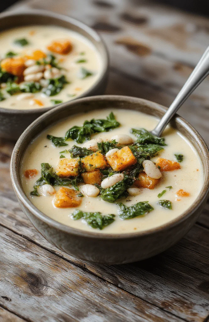 A vibrant bowl of creamy butternut squash soup topped with fresh kale leaves, white beans, and a drizzle of olive oil, served in a rustic bowl on a wooden table with a slice of crusty bread.