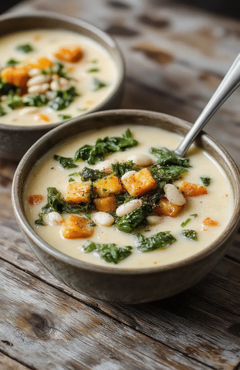 A vibrant bowl of creamy butternut squash soup topped with fresh kale leaves, white beans, and a drizzle of olive oil, served in a rustic bowl on a wooden table with a slice of crusty bread.