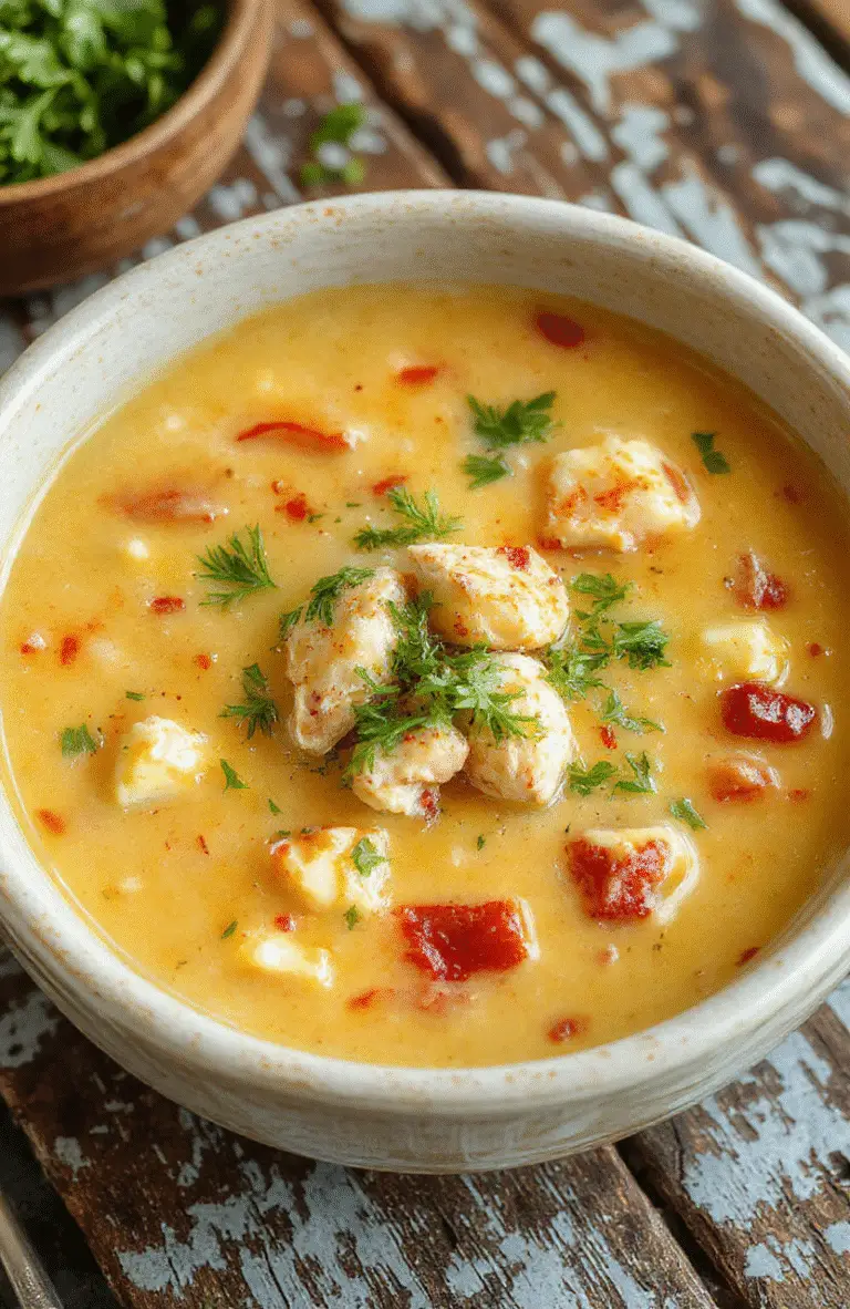 A steaming bowl of creamy, cheesy crack chicken soup topped with shredded cheese and fresh herbs on a rustic wooden table, vibrant and inviting