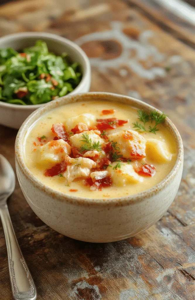 A bowl of creamy chicken bacon gnocchi soup with golden crispy bacon, tender gnocchi, and chopped fresh herbs on top, served in a rustic white bowl on a wooden table with a creamy broth visible, garnished with herbs and pepper, styled for a cozy home-cooked look.