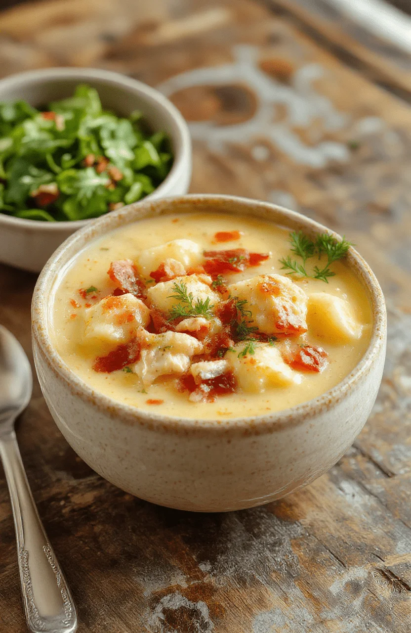 A bowl of creamy chicken bacon gnocchi soup with golden crispy bacon, tender gnocchi, and chopped fresh herbs on top, served in a rustic white bowl on a wooden table with a creamy broth visible, garnished with herbs and pepper, styled for a cozy home-cooked look.