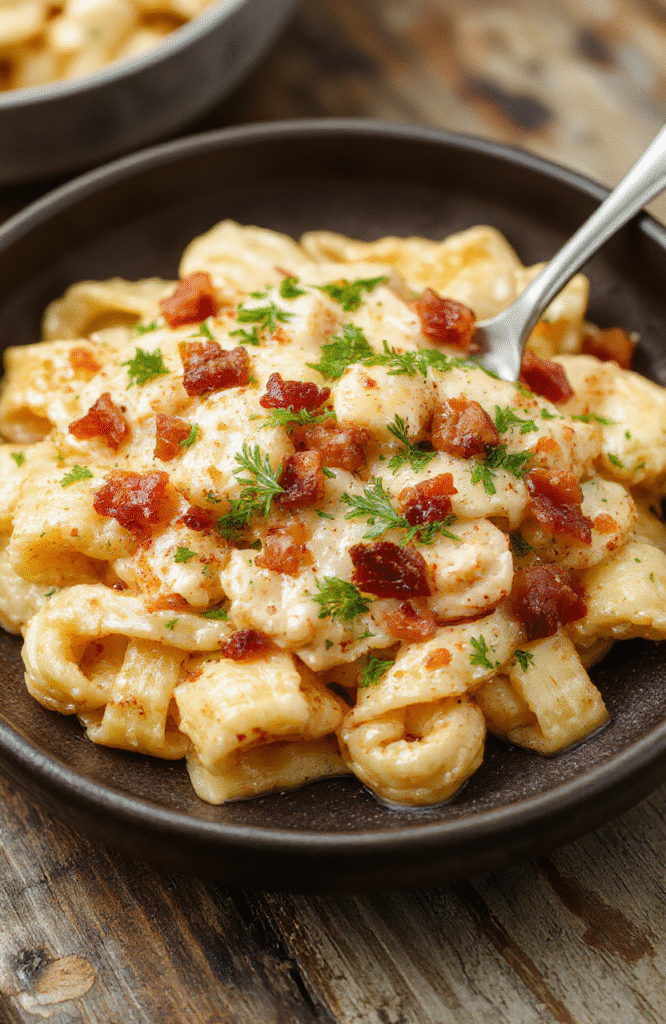 A vibrant plate of creamy chicken bacon ranch pasta, topped with crispy bacon bits and fresh herbs, beautifully plated on a rustic wooden surface, showcasing the rich textures and inviting colors of the pasta, chicken, and garnishes.