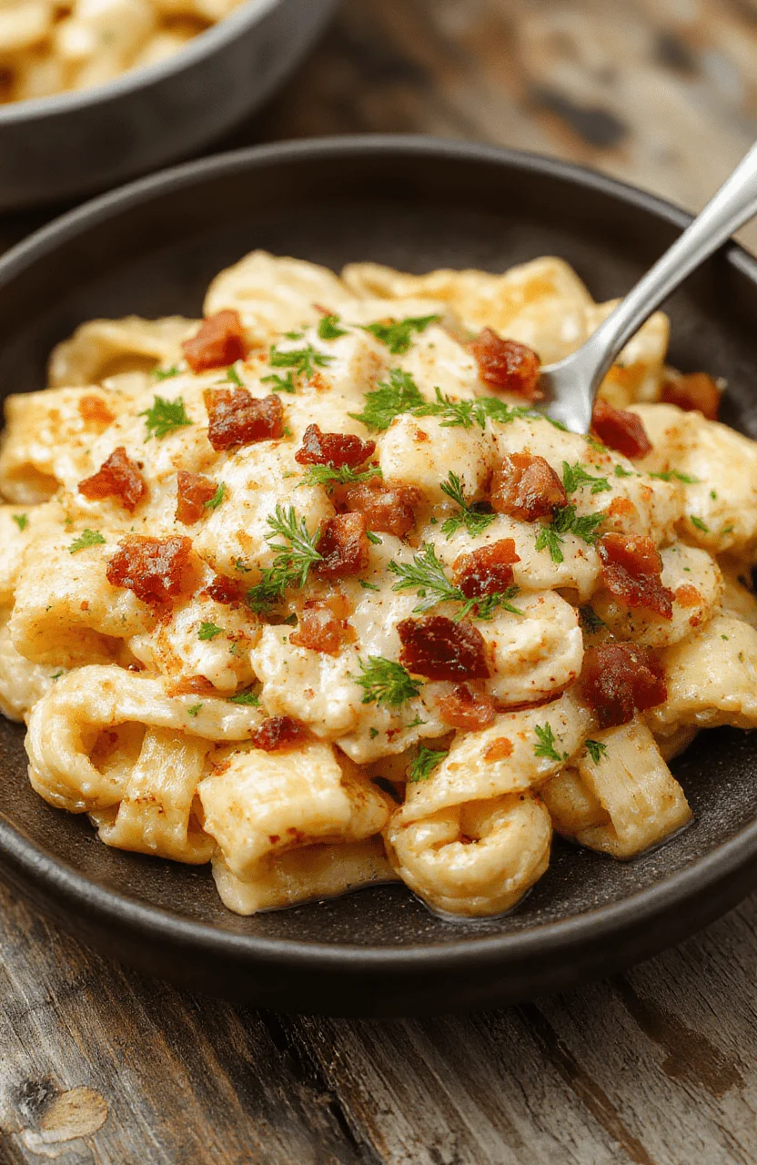 A vibrant plate of creamy chicken bacon ranch pasta, topped with crispy bacon bits and fresh herbs, beautifully plated on a rustic wooden surface, showcasing the rich textures and inviting colors of the pasta, chicken, and garnishes.