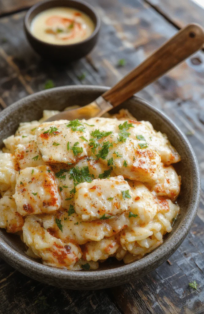 A bowl of creamy chicken and rice with tender shredded chicken, fluffy rice, and a rich, silky sauce. Garnished with parsley and served on a rustic wooden table with a spoon nearby.