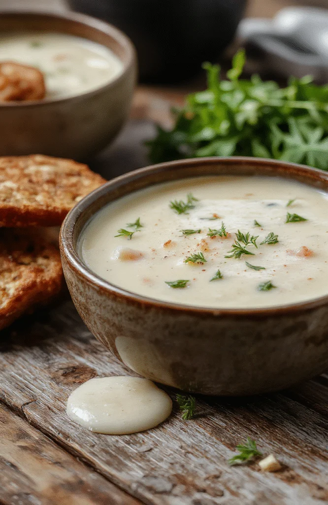 A shallow white bowl filled with rich, golden French garlic velouté garnished with fresh herbs, crispy bread croutons on the side, and a drizzle of cream, styled on a rustic wooden table with warm, inviting lighting.