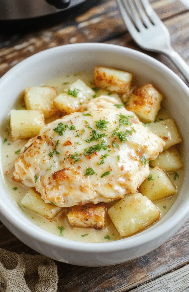 A rustic white plate featuring tender shredded chicken coated in creamy garlic Parmesan sauce, topped with chopped parsley, accompanied by roasted golden potatoes, all styled on a light wooden table with fresh herbs and a drizzle of sauce for a tempting and hearty presentation.