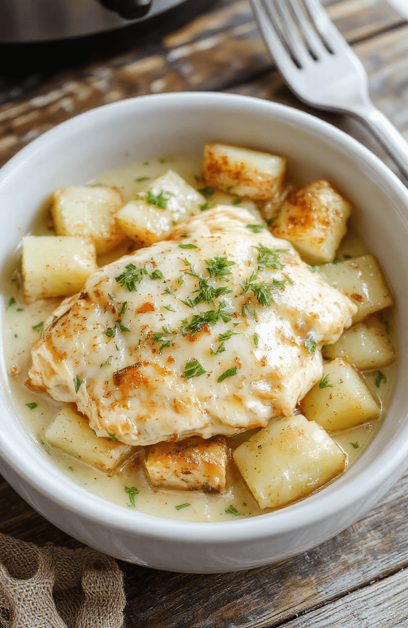 A rustic white plate featuring tender shredded chicken coated in creamy garlic Parmesan sauce, topped with chopped parsley, accompanied by roasted golden potatoes, all styled on a light wooden table with fresh herbs and a drizzle of sauce for a tempting and hearty presentation.