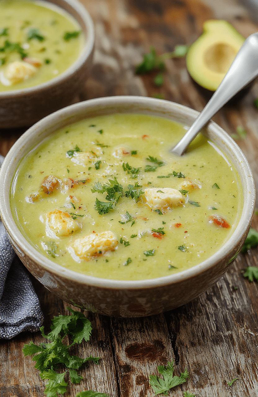 A vibrant bowl of creamy green chicken enchiladas soup with shredded chicken, melted cheese, and fresh cilantro on top, served in a rustic white bowl with a spoon on a wooden table, garnished with lime wedges and sliced jalapenos, textures of creamy broth, tender chicken, and gooey cheese visible.