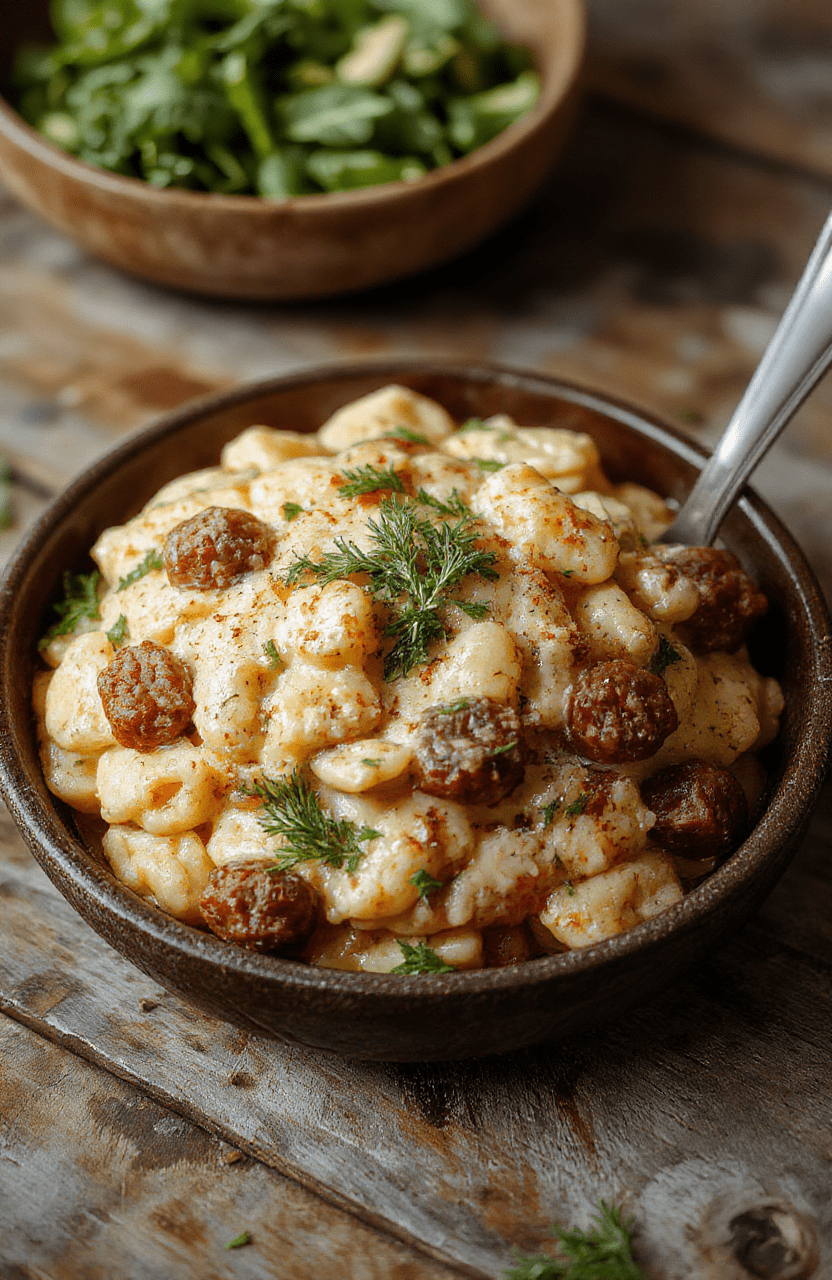 A vibrant bowl of creamy Italian sausage orzo on a rustic wooden table, garnished with fresh herbs, with creamy sauce and slices of sausage visible, styled simply with natural lighting.