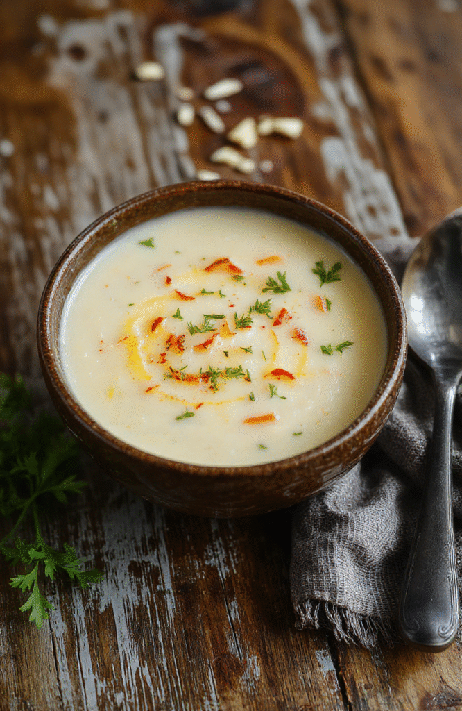 A bowl of creamy potato soup topped with crispy bacon bits and chopped chives, served in a rustic ceramic bowl on a wooden table. The soup has a velvety texture with a golden hue and is accompanied by a crusty bread slice. Soft natural light highlights the smooth surface and fresh garnishes, creating an inviting, cozy atmosphere.