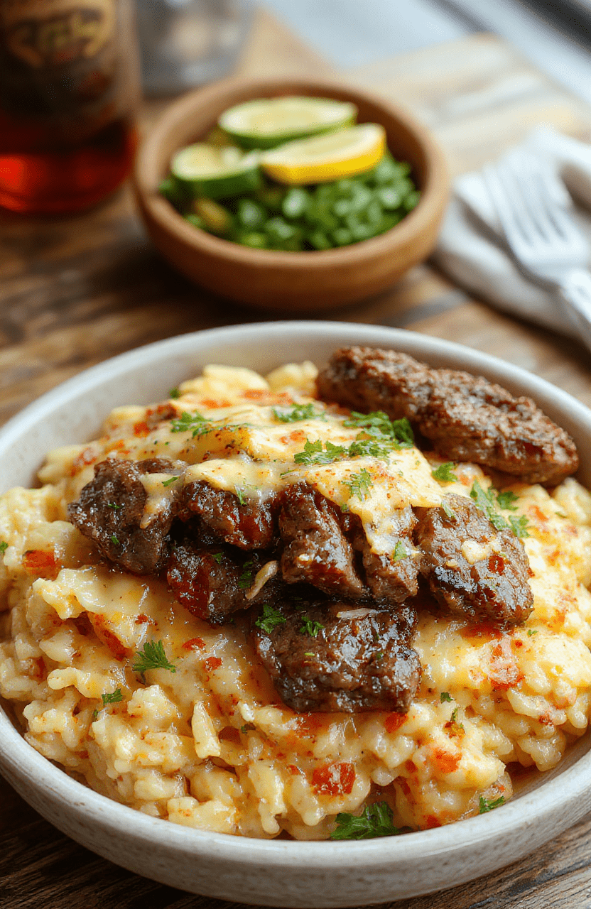 A vibrant plate of creamy queso rice topped with succulent juicy steak strips, garnished with fresh herbs, served on a rustic wooden table with a colorful background, textures of melted cheese, tender steak, and fluffy rice visible.