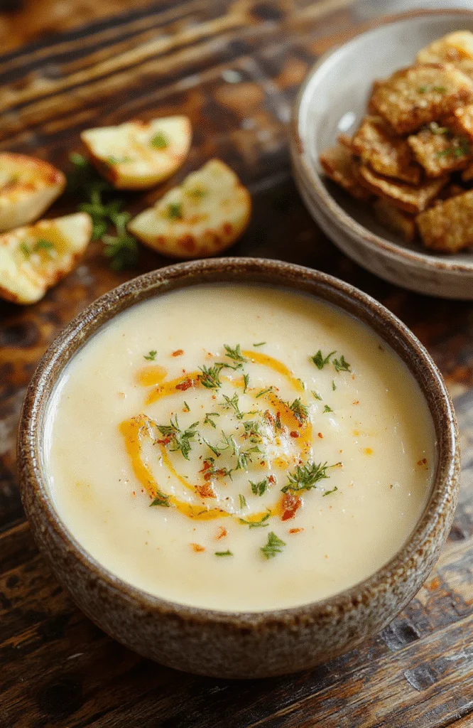 A bowl of creamy roasted garlic potato soup topped with fresh herbs and a drizzle of olive oil, served in a rustic bowl with a spoon on a wooden table, vibrant golden hues of the soup contrasting with green herbs, textured surface of roasted garlic and tender potato chunks visible.