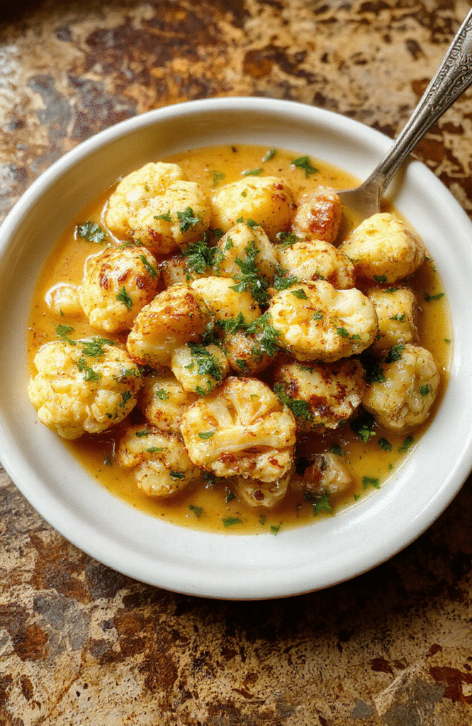 A vibrant bowl of creamy vegan butter cauliflower with tender cauliflower florets coated in rich sauce, garnished with fresh herbs, served on a rustic white plate with a colorful kitchen background, highlighting textures and inviting colors.