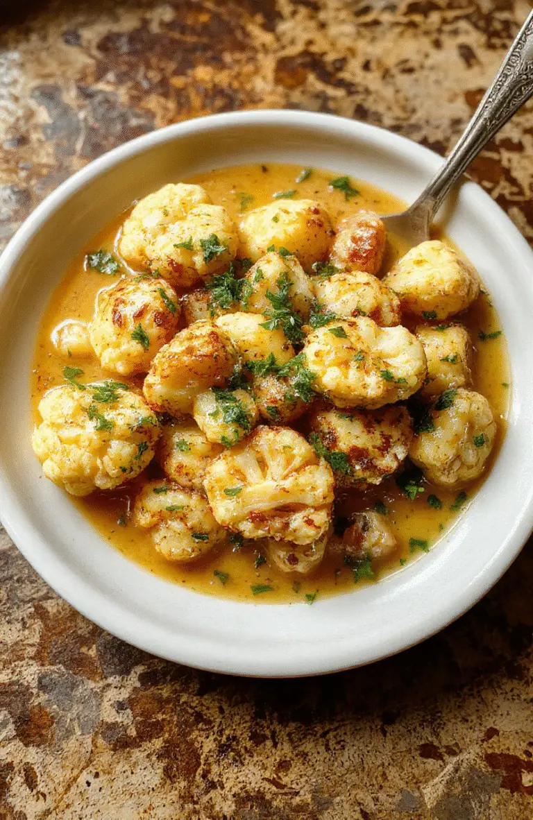 A vibrant bowl of creamy vegan butter cauliflower with tender cauliflower florets coated in rich sauce, garnished with fresh herbs, served on a rustic white plate with a colorful kitchen background, highlighting textures and inviting colors.