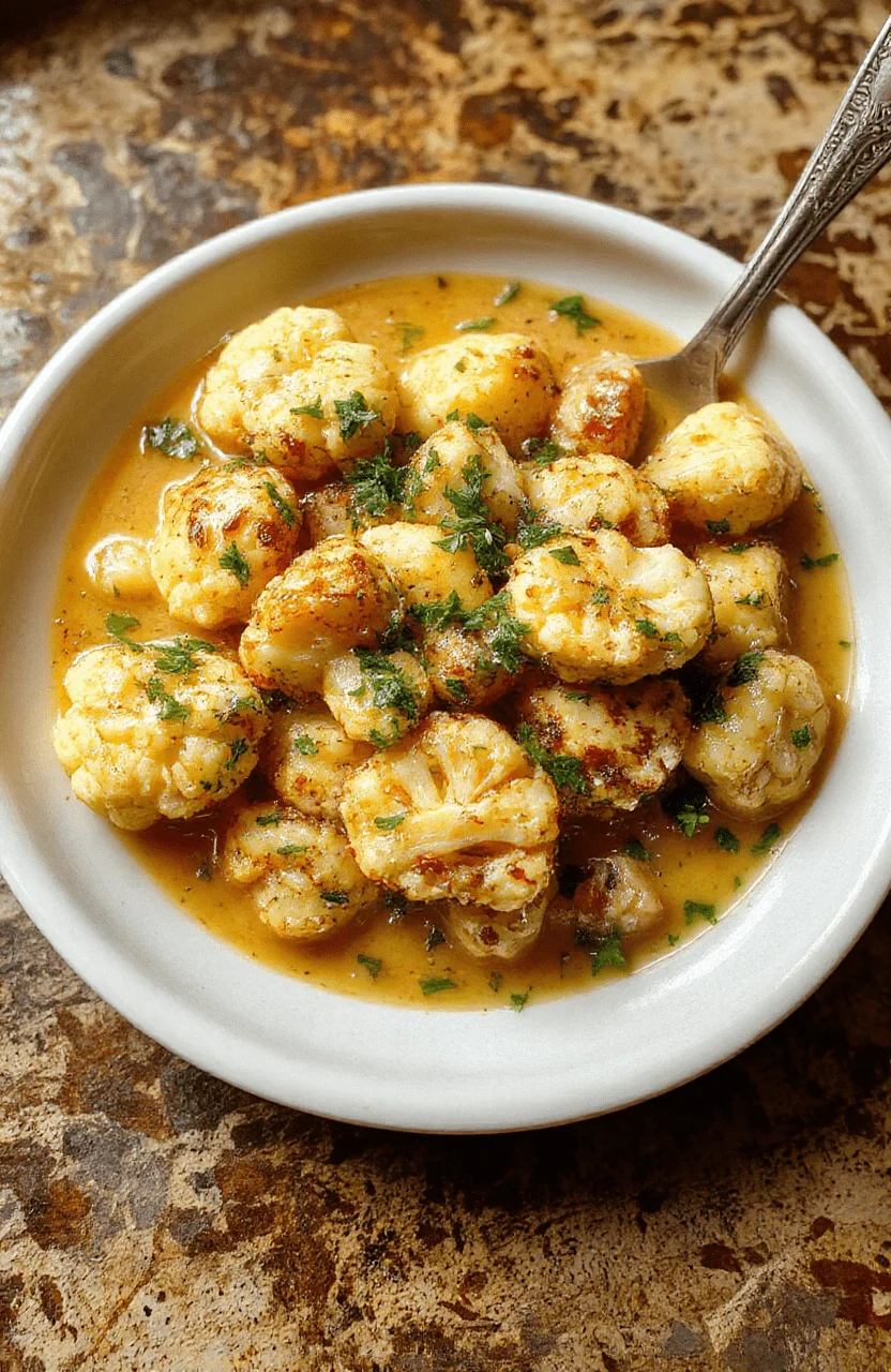 A vibrant bowl of creamy vegan butter cauliflower with tender cauliflower florets coated in rich sauce, garnished with fresh herbs, served on a rustic white plate with a colorful kitchen background, highlighting textures and inviting colors.
