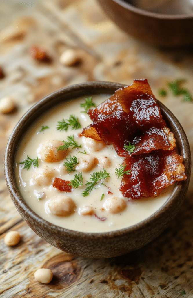 A vibrant bowl of creamy white bean soup garnished with crispy bacon pieces, fresh herbs, and a swirl of cream on a rustic wooden table, with a spoon resting beside it, showcasing its smooth texture and inviting appearance.
