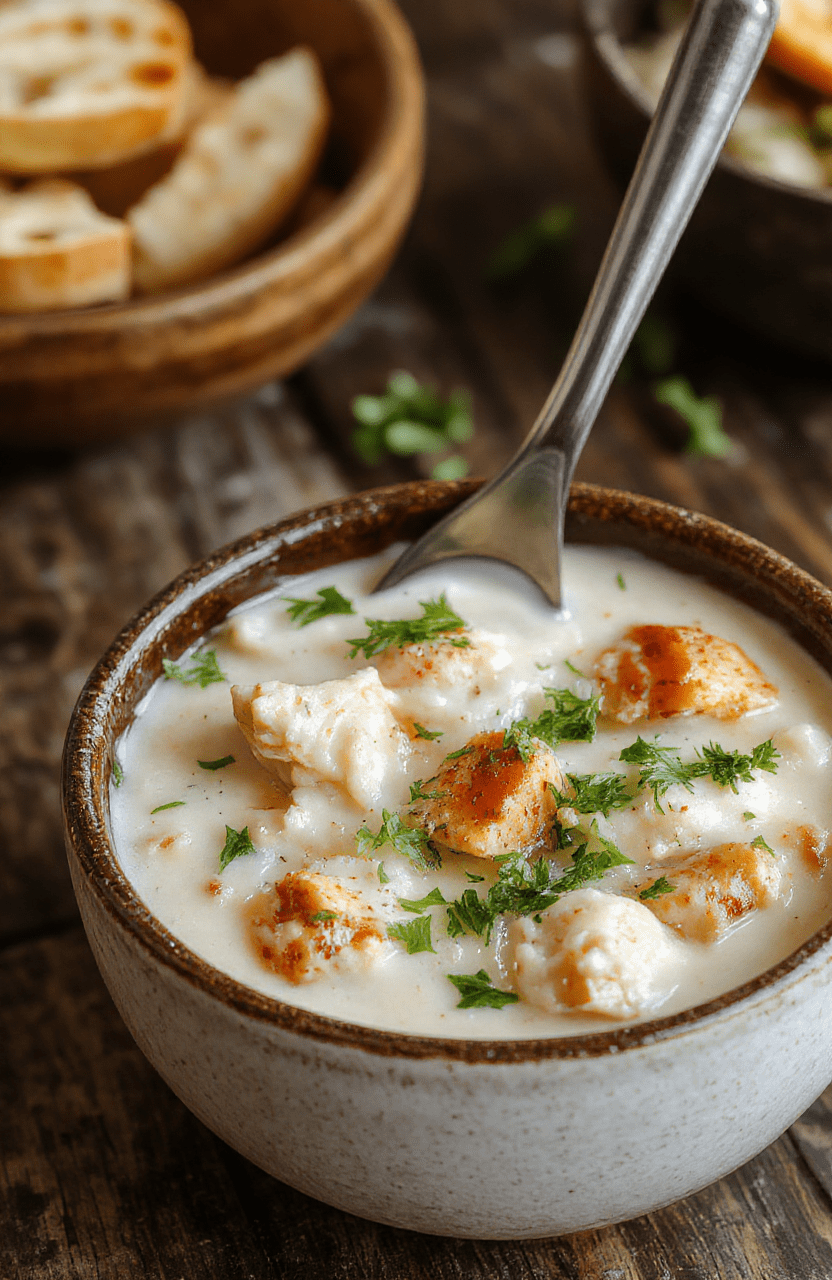 A steaming bowl of creamy white chicken chili topped with shredded cheese and fresh cilantro, served in a rustic bowl on a wooden table with a spoon, showing the thick, hearty texture and vibrant ingredients.
