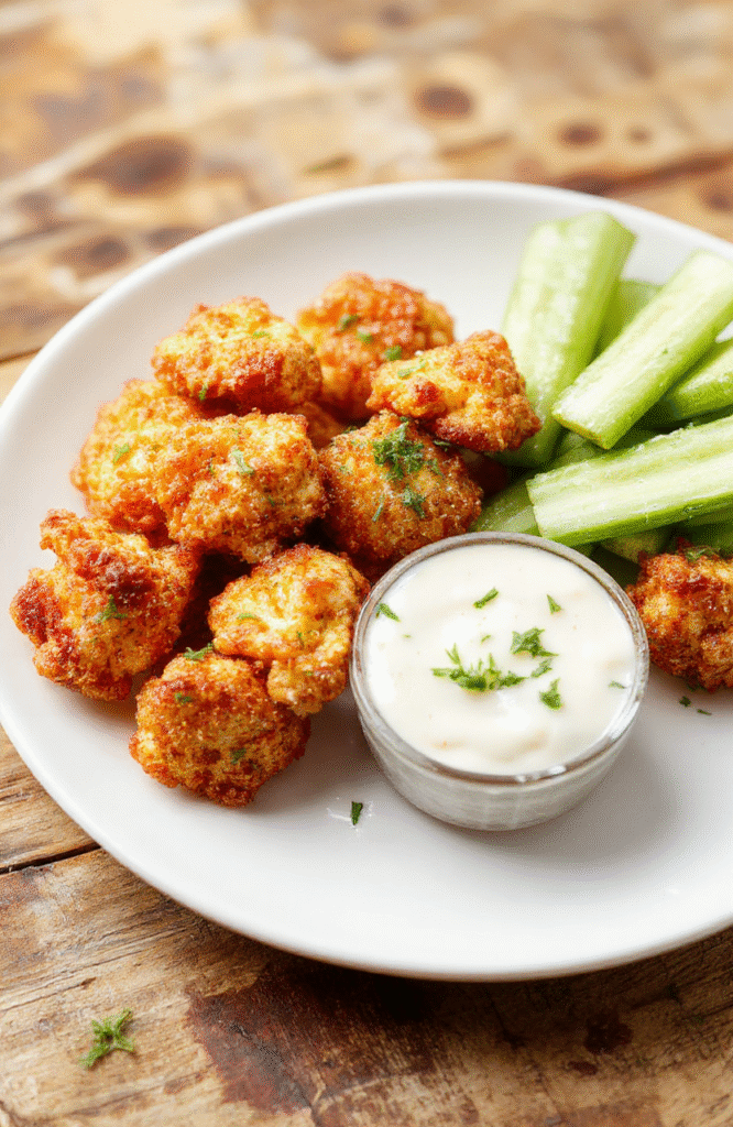 Vibrant orange buffalo sauce coating crispy cauliflower florets arranged on a white plate with green celery sticks and blue cheese dressing in the background, styled simply with a rustic wooden surface and soft natural light.