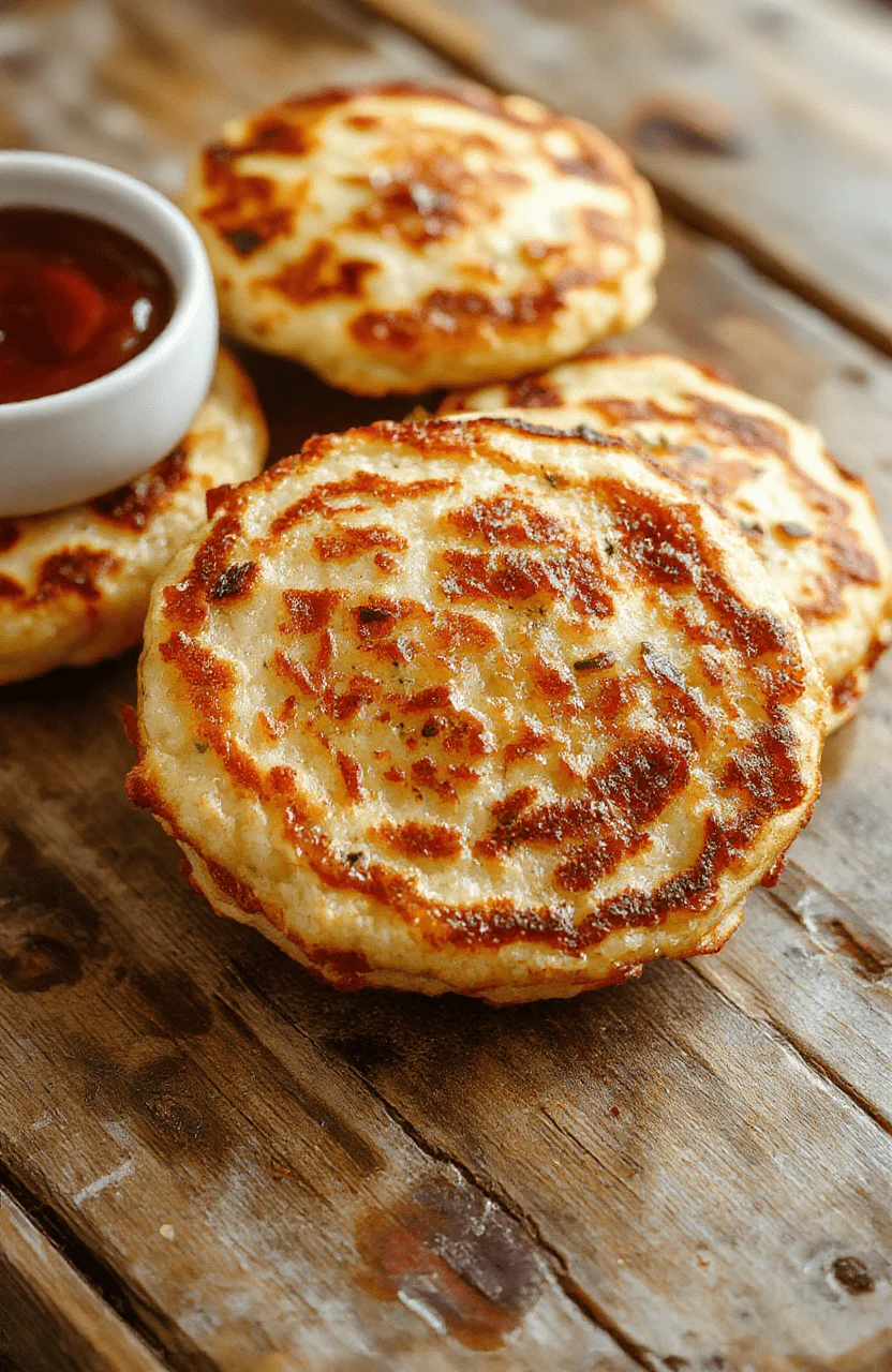 Golden crispy German potato pancakes stacked on a rustic plate, garnished with fresh herbs, with a crispy texture visible and a side of apple sauce, styled on a wooden table with natural light shining through.