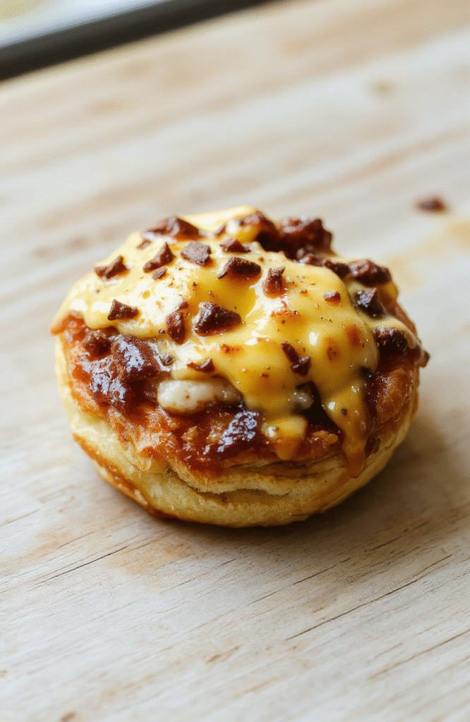 Golden puff pastry topped with melted cheese, a perfectly fried sunny side up egg, and slices of ham arranged artfully on a white plate, with a crispy flaky texture and vibrant colors of cheese, egg yolk, and ham, styled simply with a fresh green garnish for a sophisticated brunch presentation.