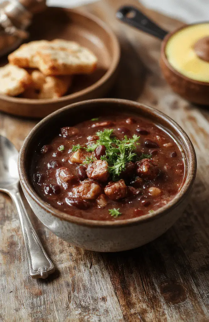 A vibrant bowl of black bean soup in earthy tones with a sprinkle of fresh cilantro and a lime wedge on top, surrounded by rustic wooden and ceramic backgrounds, showing rich textures and steaming warmth.