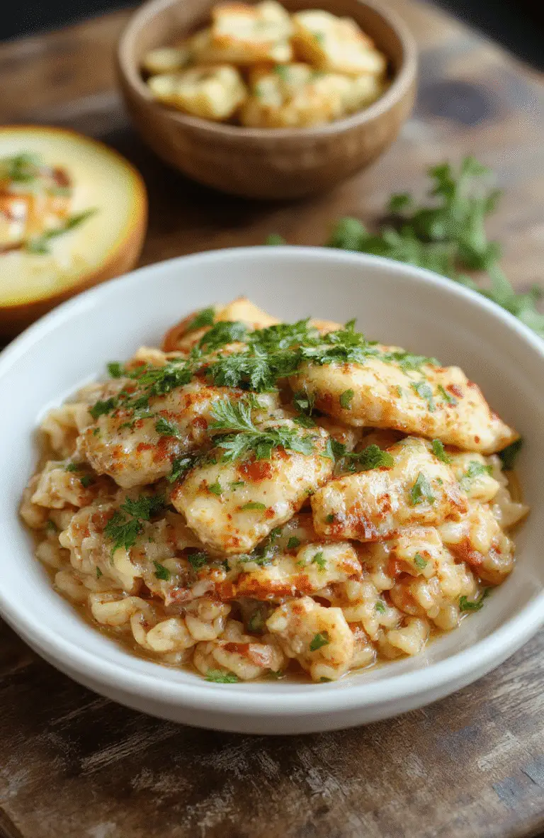 A vibrant bowl filled with tender Cajun-seasoned chicken pieces resting atop fluffy orzo pasta, garnished with chopped green herbs, colorful bell peppers, and a sprinkle of Cajun spices, styled simply on a rustic wooden table with natural light accentuating the rich textures and savory appeal.