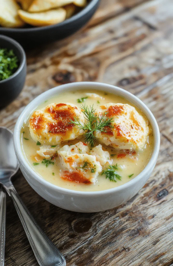 A warm bowl of chicken pot pie soup with chunks of tender chicken, vegetables, and creamy broth, topped with a flaky golden crust crumble, served on a rustic wooden table with a side of fresh herbs and a spoon, vibrant colors and inviting textures emphasize comfort and homestyle appeal.