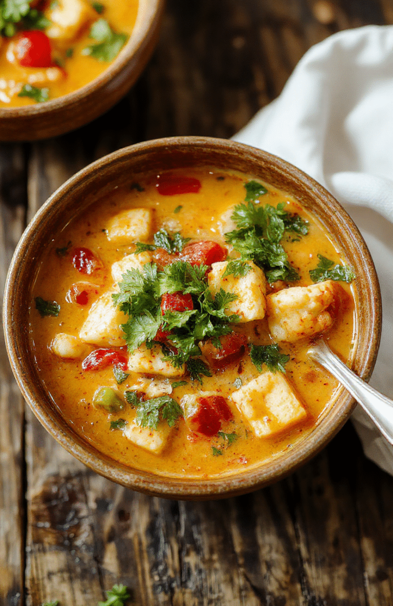 A vibrant bowl of Thai red curry noodle soup with red and green peppers, tofu chunks, herbs, and rice noodles, garnished with fresh cilantro, served on a rustic wooden table, colorful and appetizing