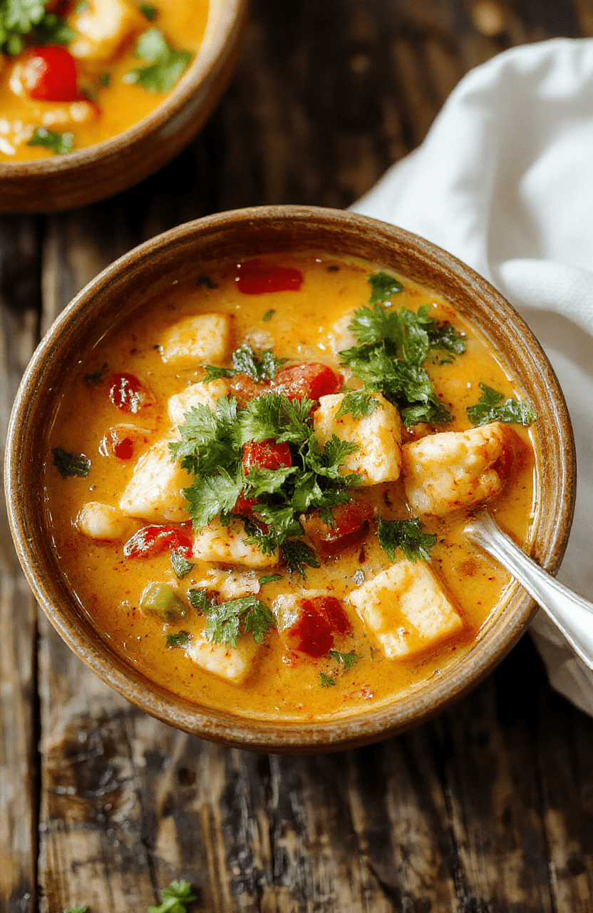 A vibrant bowl of Thai red curry noodle soup with red and green peppers, tofu chunks, herbs, and rice noodles, garnished with fresh cilantro, served on a rustic wooden table, colorful and appetizing