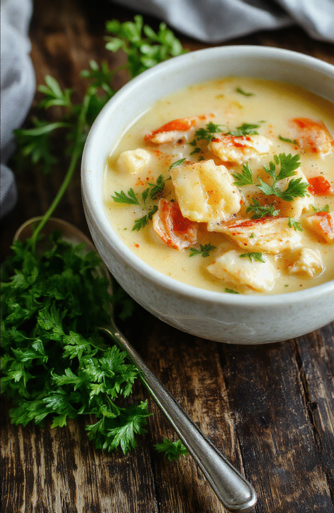 A steaming bowl of creamy chicken pasta soup with chunks of tender chicken, al dente pasta, and fresh herbs, served in a rustic white bowl with a sprinkle of parsley on top, set on a wooden table with a neutral background