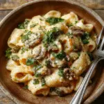 A vibrant close-up of a creamy spinach and mushroom pasta served in a rustic skillet, garnished with grated parmesan cheese and fresh herbs, showcasing a rich, velvety sauce, tender mushrooms, and bright green spinach leaves, styled casually with a warm, inviting atmosphere.