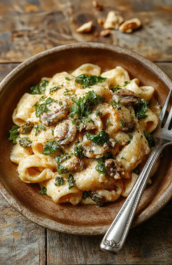 A vibrant close-up of a creamy spinach and mushroom pasta served in a rustic skillet, garnished with grated parmesan cheese and fresh herbs, showcasing a rich, velvety sauce, tender mushrooms, and bright green spinach leaves, styled casually with a warm, inviting atmosphere.