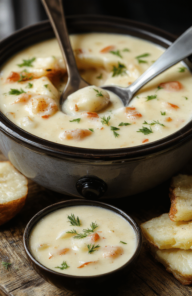 A warm bowl of creamy potato soup topped with chopped herbs and crispy bacon bits, surrounded by fresh ingredients like potatoes, onions, and garlic, styled on a rustic wooden table with a cozy ambiance.