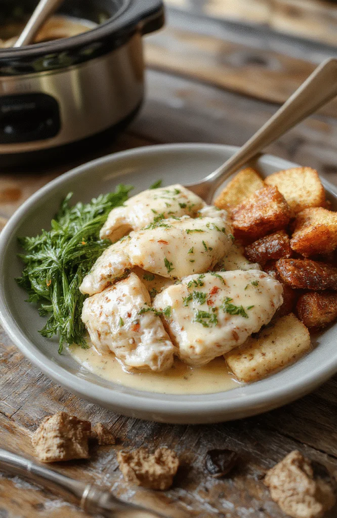 A creamy chicken Alfredo in a white bowl with tender shredded chicken, fettuccine pasta coated in rich Alfredo sauce, garnished with chopped parsley, served on a rustic wooden table with a fork, colorful ingredients blurred in the background