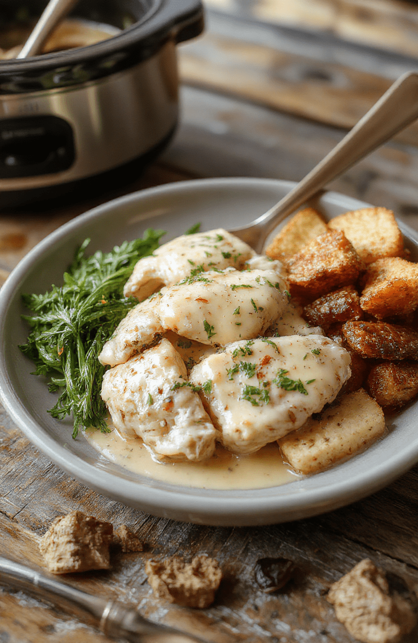 A creamy chicken Alfredo in a white bowl with tender shredded chicken, fettuccine pasta coated in rich Alfredo sauce, garnished with chopped parsley, served on a rustic wooden table with a fork, colorful ingredients blurred in the background