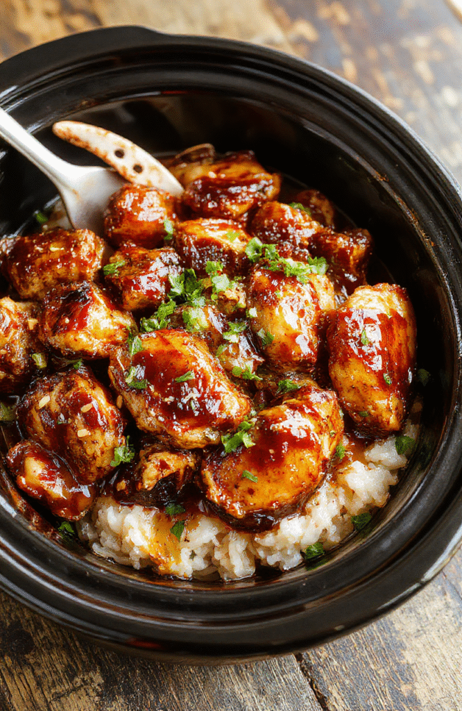 Colorful glazed teriyaki chicken served atop a bed of steamed rice, garnished with green onions and sesame seeds, arranged neatly on a white plate with a glossy finish, surrounded by a few slices of fresh vegetables, styled casually with natural lighting highlighting the glossy sauce and tender chicken.