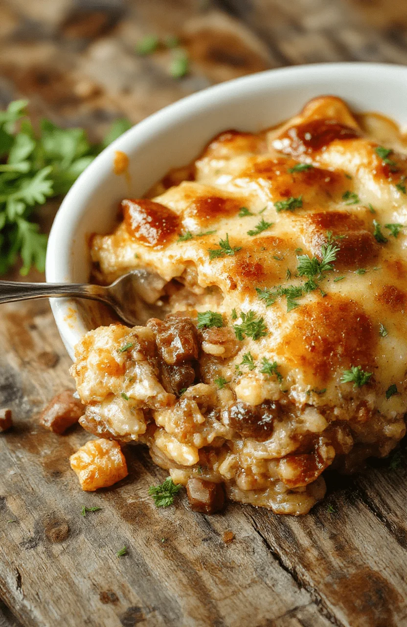 A vibrant plate of The BEST Easy Hobo Casserole featuring ground beef, mashed potatoes, and vegetables topped with melted cheese, arranged in a rustic bowl on a wooden table with fresh herbs and a side of crusty bread, styled for a cozy homemade meal.